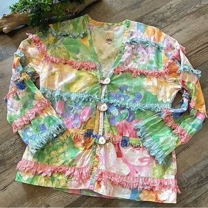PAULA SWEET Bold Pastel 3-Button Unlined  ButtonUp Fringe Detail Cardigan/Jacket